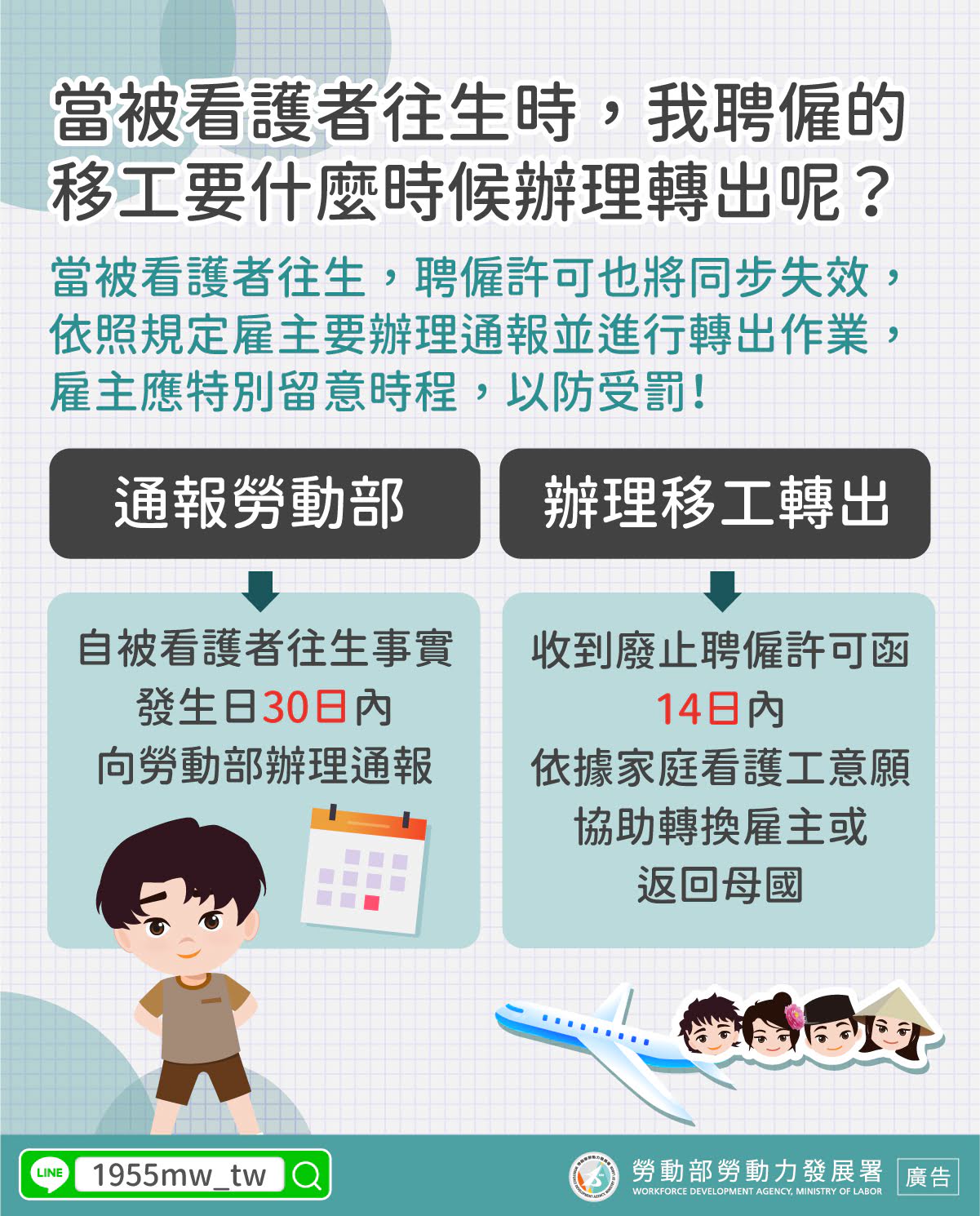 LINE@移點通-當被看護者往生時，我聘僱的移工要什麼時候辦理轉出呢？【被照顧人往生後應注意事項】