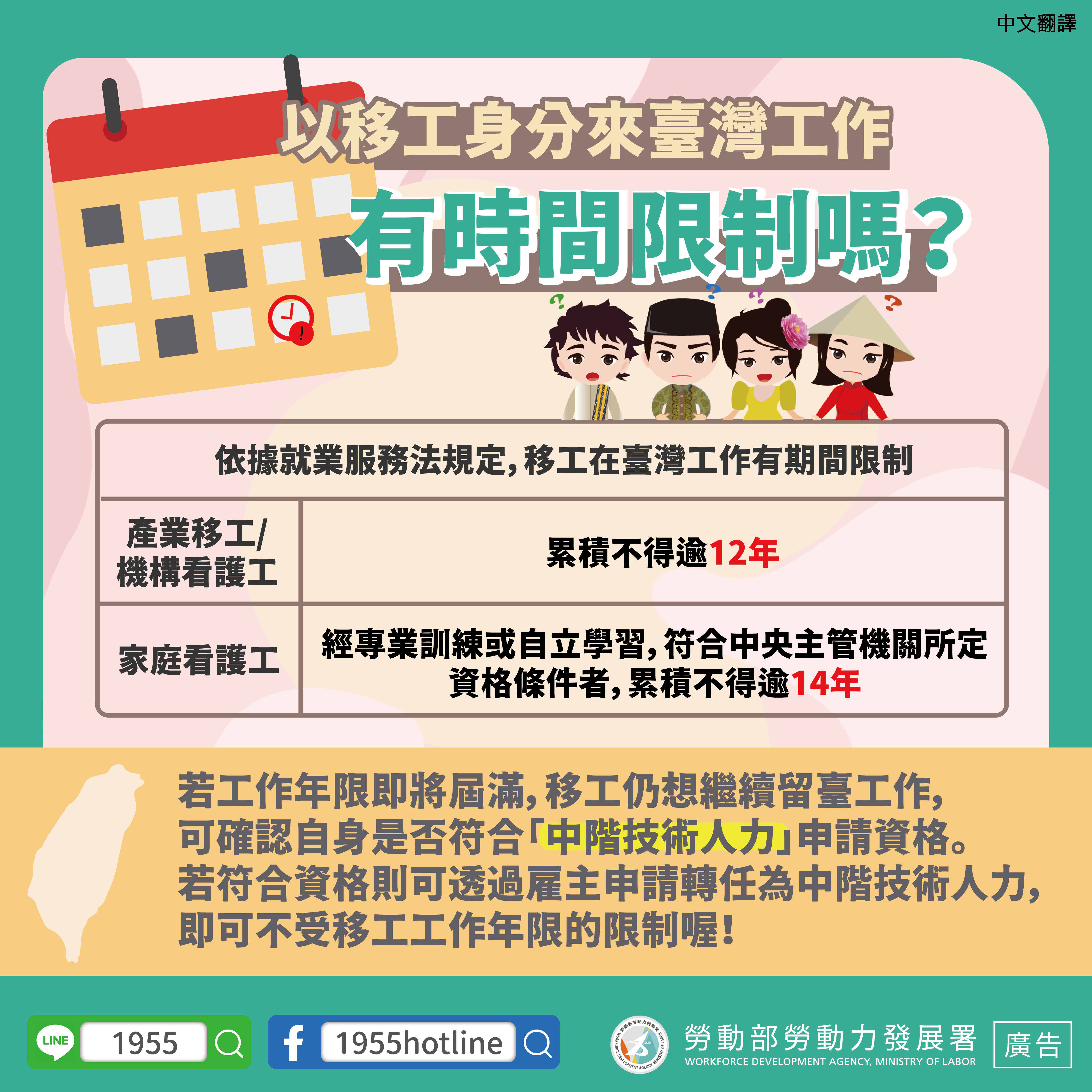 LINE@移點通-以移工身分來臺灣工作，有時間限制嗎？【移工在臺工作年限】-多國語言版